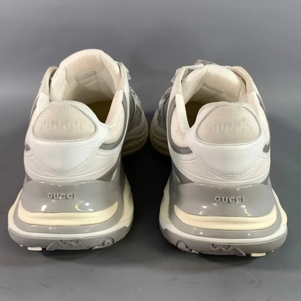 GUCCI Size 11.5 White Grey Leather Lace Up Sneakers